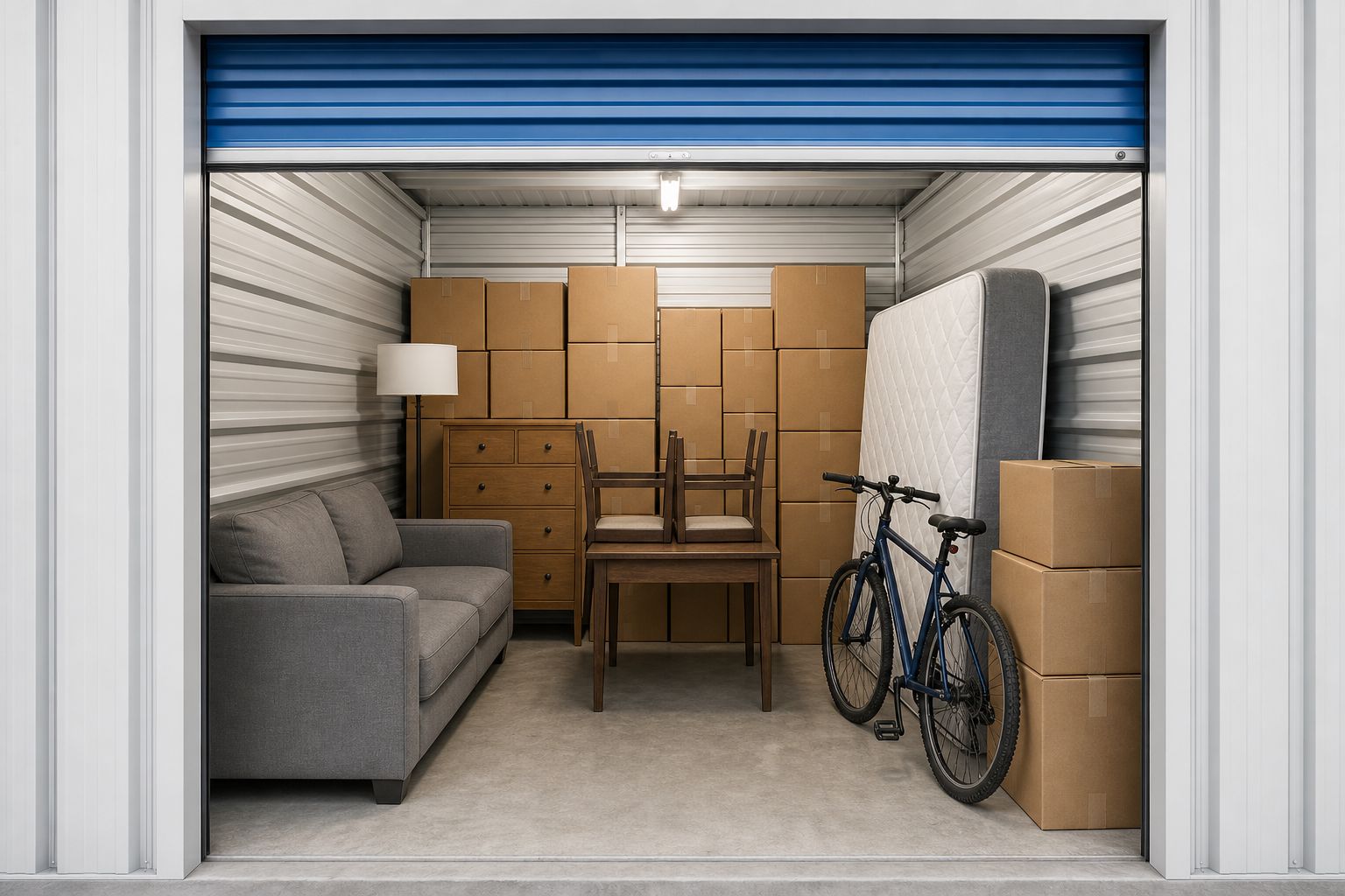 Inside a 10 by 10 foot storage unit holding the contents of a one-bedroom apartment